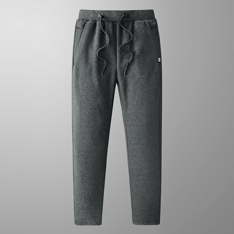 Sports Warm Fleece Men's Pants with Pockets, cotton-spandex blend, dark grey, mid waist, drawstring closure, full length.